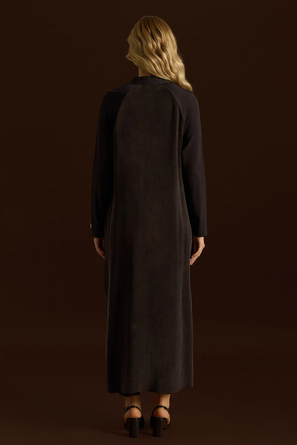 Triko Detaylı V Yaka Cupro Kap Kahverengi - 3