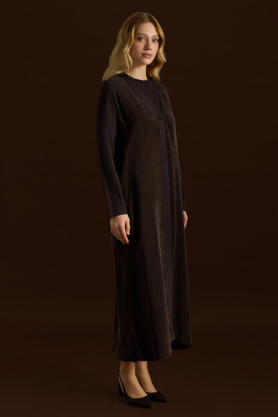 Triko Detaylı V Yaka Cupro Kap Kahverengi - 4