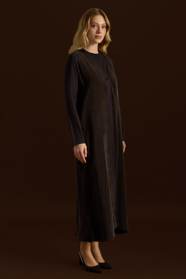 Triko Detaylı V Yaka Cupro Kap Kahverengi - 4