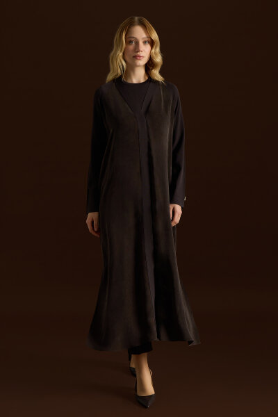 Triko Detaylı V Yaka Cupro Kap Kahverengi 