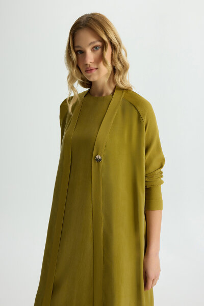 Triko Detaylı V Yaka Cupro Kap Amber - 2