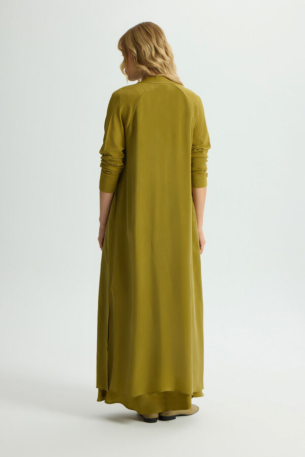 Triko Detaylı V Yaka Cupro Kap Amber - 3