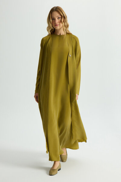 Triko Detaylı V Yaka Cupro Kap Amber - 4