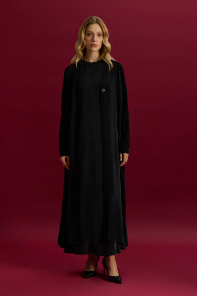 Triko Detaylı V Yaka Cupro Kap Siyah 