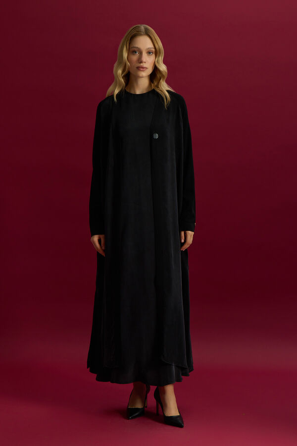 Triko Detaylı V Yaka Cupro Kap Siyah - 1