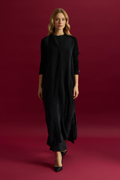 Triko Detaylı V Yaka Cupro Kap Siyah - 3