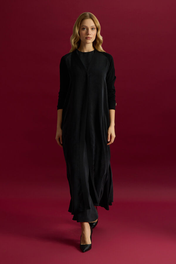 Triko Detaylı V Yaka Cupro Kap Siyah - 3