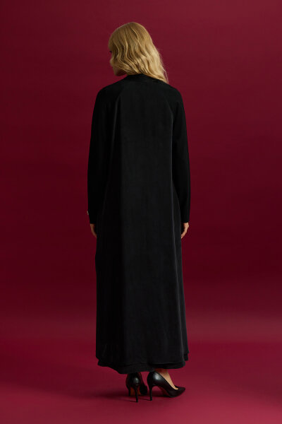 Triko Detaylı V Yaka Cupro Kap Siyah - 4