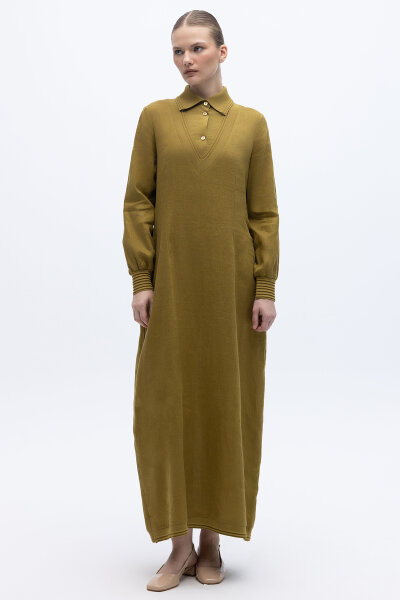 Triko Detaylı V Yaka Keten Elbise Amber 