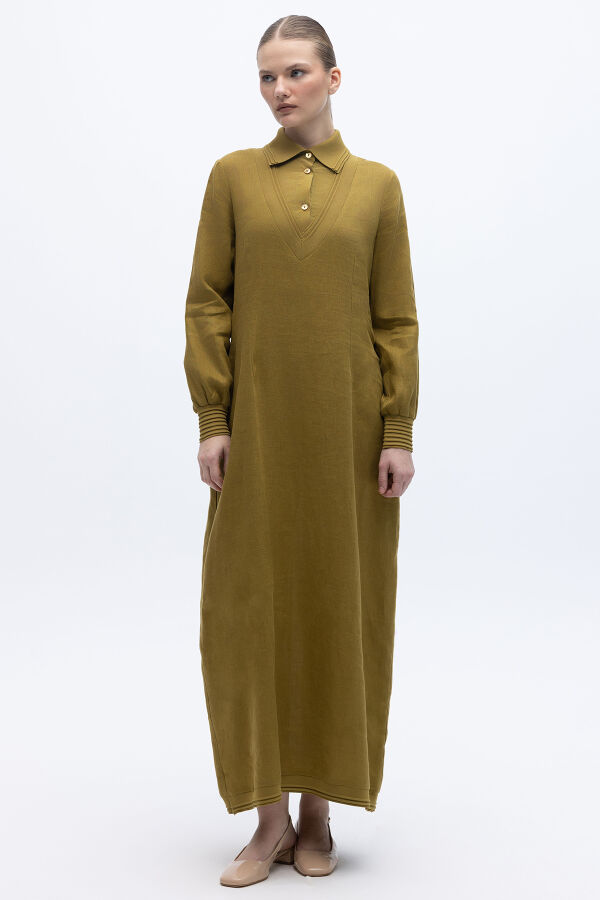 Triko Detaylı V Yaka Keten Elbise Amber - 1