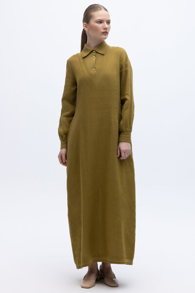 Triko Detaylı V Yaka Keten Elbise Amber - MISS DALIDA (1)