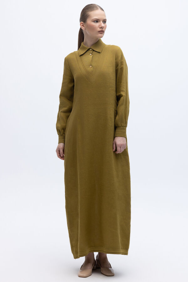 Triko Detaylı V Yaka Keten Elbise Amber - 2