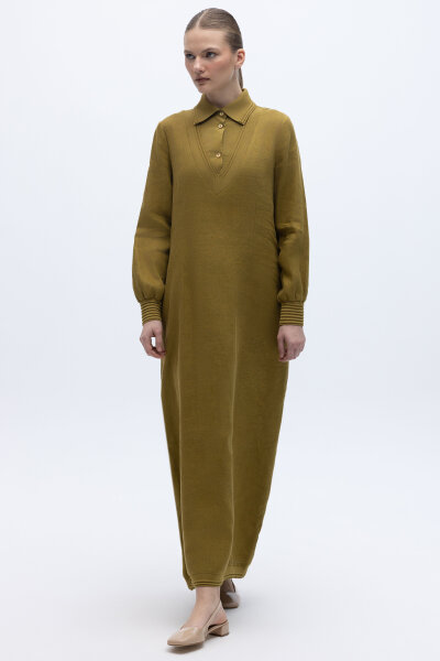 Triko Detaylı V Yaka Keten Elbise Amber - 3