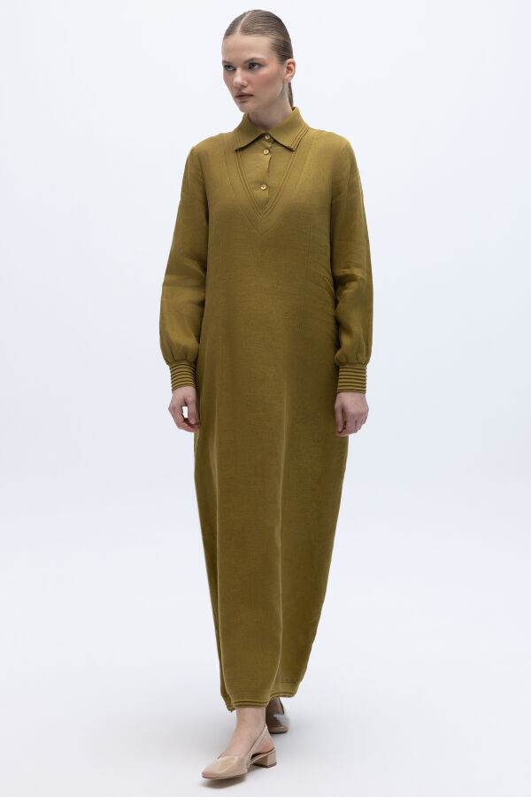 Triko Detaylı V Yaka Keten Elbise Amber - 3