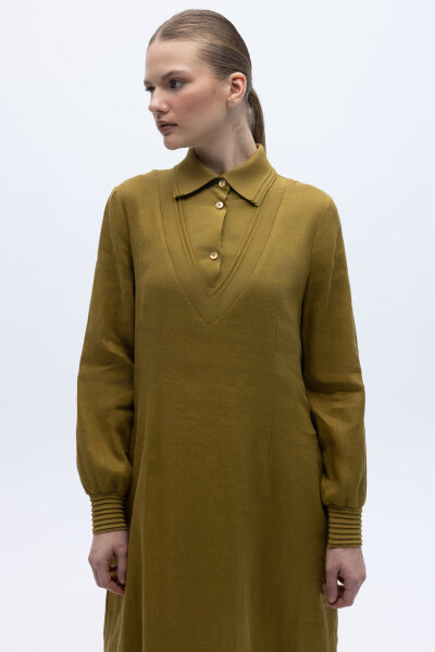 Triko Detaylı V Yaka Keten Elbise Amber - 4