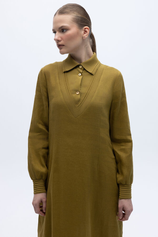 Triko Detaylı V Yaka Keten Elbise Amber - 4