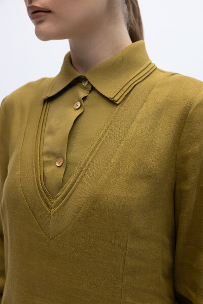 Triko Detaylı V Yaka Keten Elbise Amber - 5