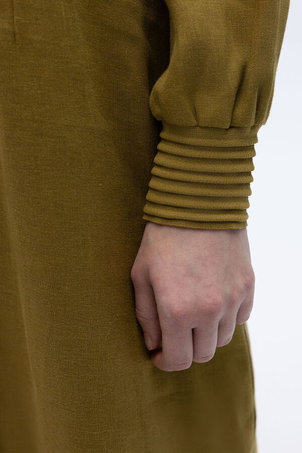 Triko Detaylı V Yaka Keten Elbise Amber - 6