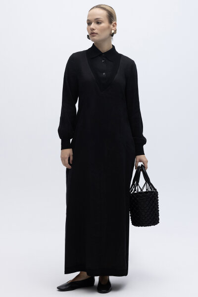 Triko Detaylı V Yaka Keten Elbise Siyah 