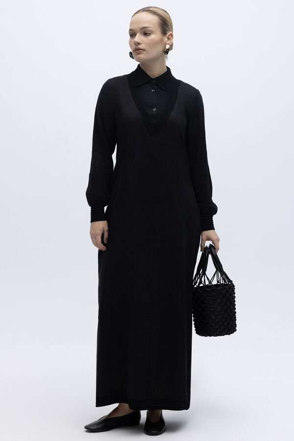 Triko Detaylı V Yaka Keten Elbise Siyah - 1