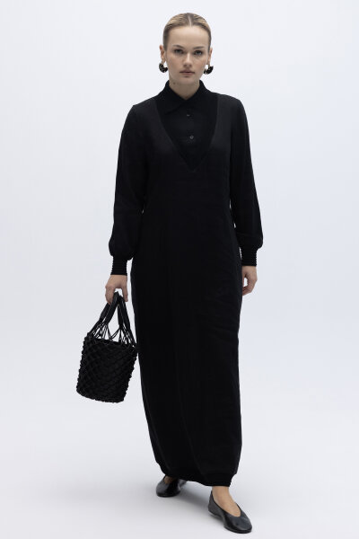 Triko Detaylı V Yaka Keten Elbise Siyah - 2