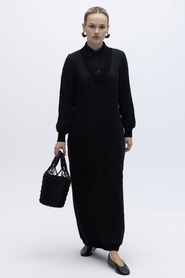 Triko Detaylı V Yaka Keten Elbise Siyah - 2