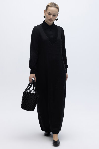 Triko Detaylı V Yaka Keten Elbise Siyah - 3