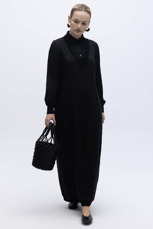 Triko Detaylı V Yaka Keten Elbise Siyah - 3