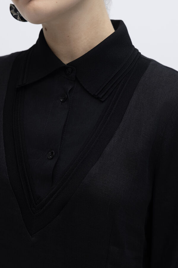 Triko Detaylı V Yaka Keten Elbise Siyah - 4