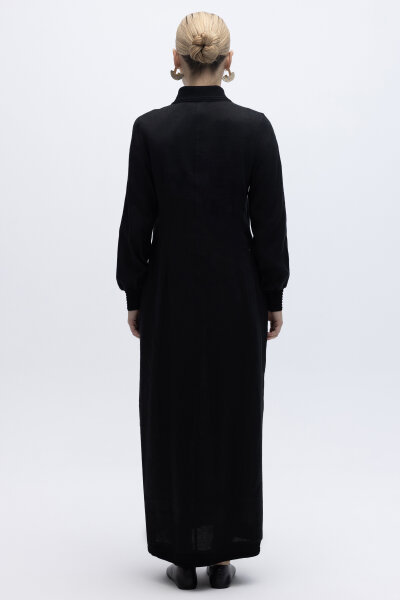 Triko Detaylı V Yaka Keten Elbise Siyah - 5