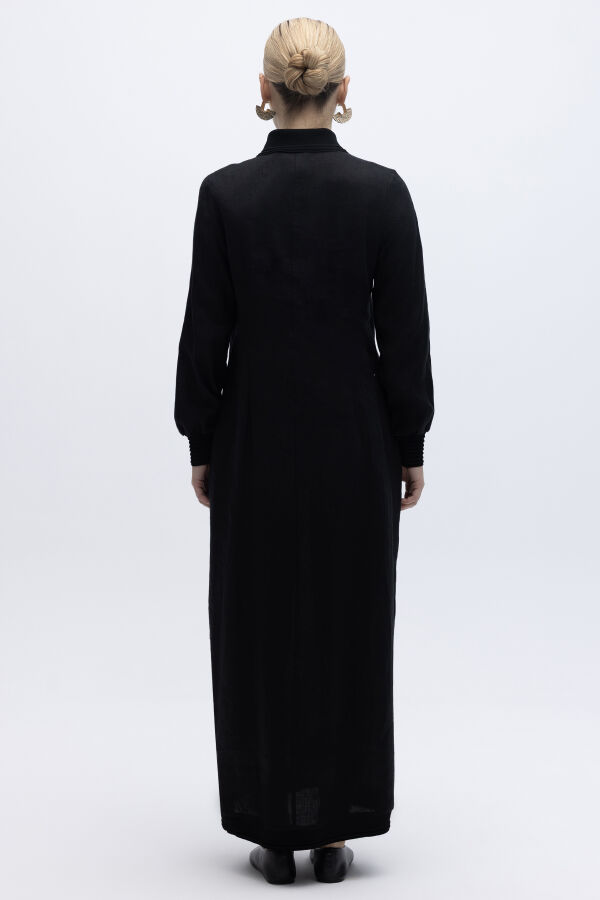 Triko Detaylı V Yaka Keten Elbise Siyah - 5