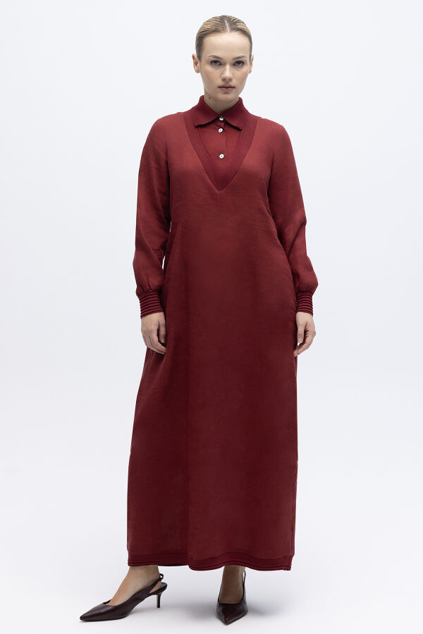 Triko Detaylı V Yaka Keten Elbise Cherry - 1