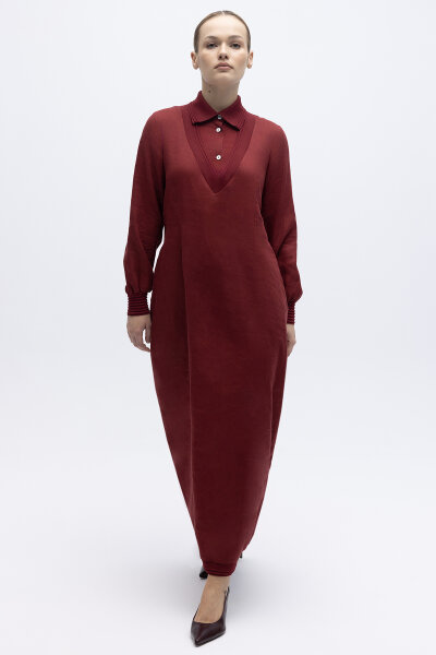 Triko Detaylı V Yaka Keten Elbise Cherry - 3