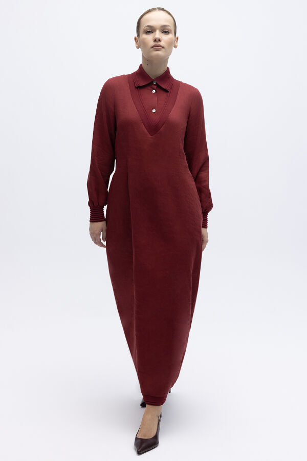 Triko Detaylı V Yaka Keten Elbise Cherry - 3