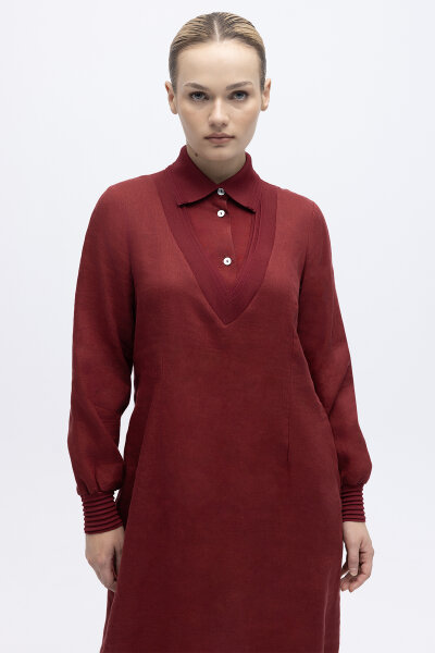 Triko Detaylı V Yaka Keten Elbise Cherry - 4