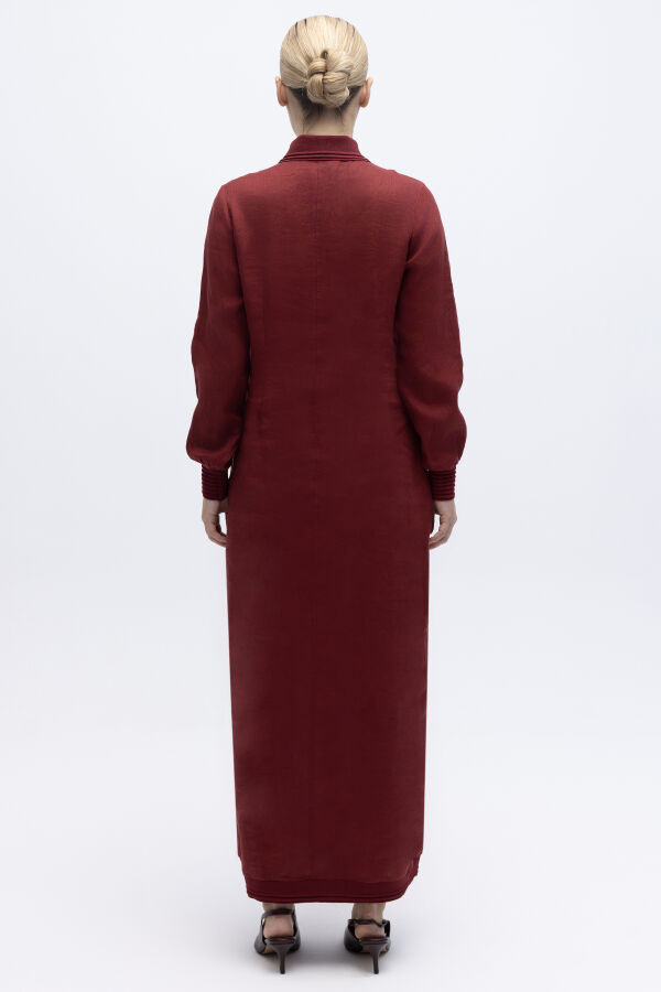 Triko Detaylı V Yaka Keten Elbise Cherry - 5