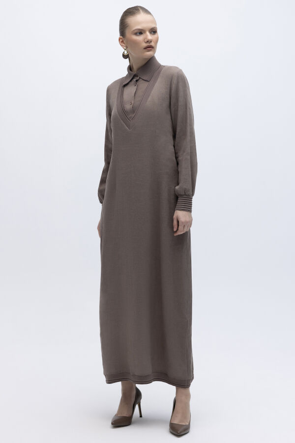 Triko Detaylı V Yaka Keten Elbise Mink - 1