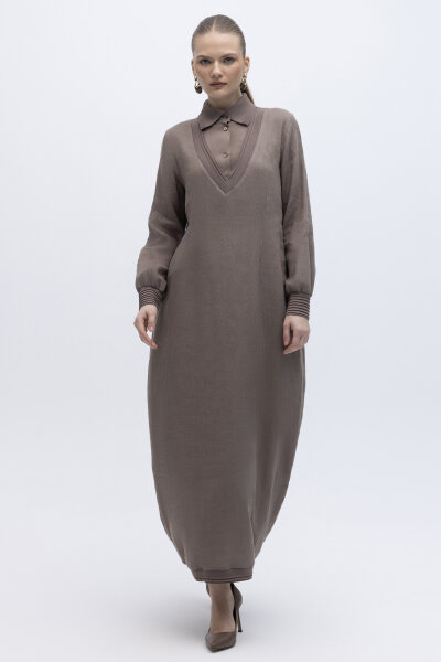 Triko Detaylı V Yaka Keten Elbise Mink - 2