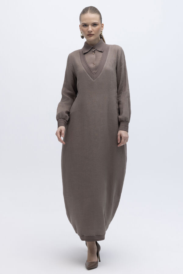 Triko Detaylı V Yaka Keten Elbise Mink - 2