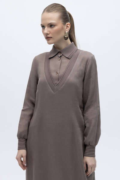 Triko Detaylı V Yaka Keten Elbise Mink - 3