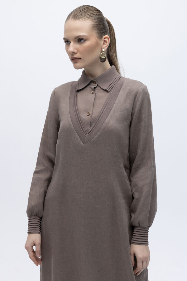 Triko Detaylı V Yaka Keten Elbise Mink - 3