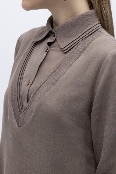 Triko Detaylı V Yaka Keten Elbise Mink - 4