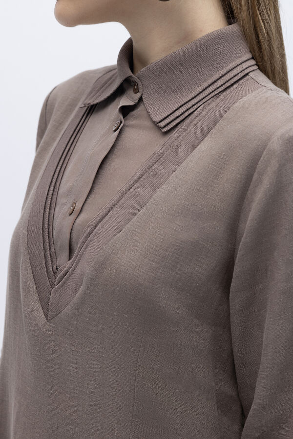 Triko Detaylı V Yaka Keten Elbise Mink - 4