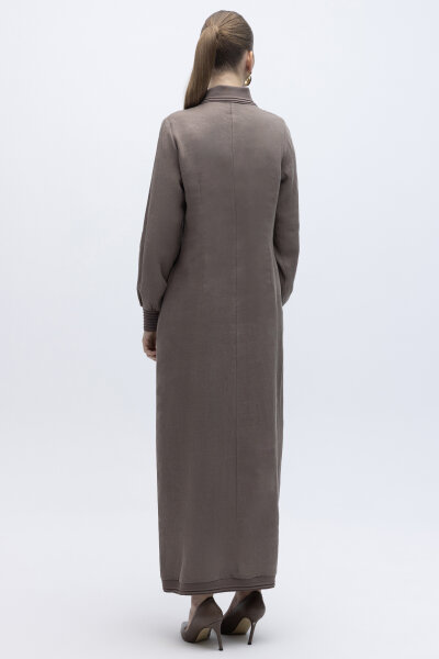 Triko Detaylı V Yaka Keten Elbise Mink - 5