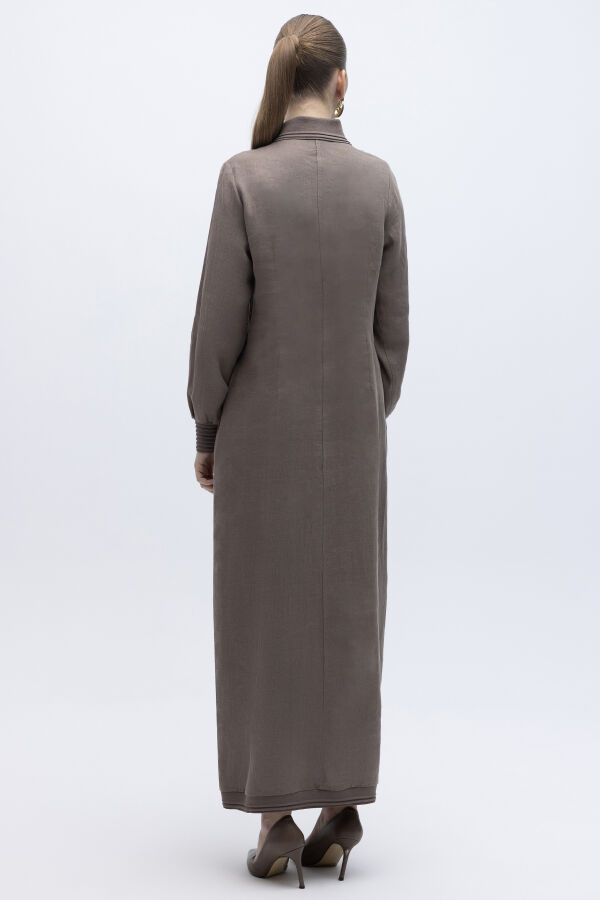Triko Detaylı V Yaka Keten Elbise Mink - 5