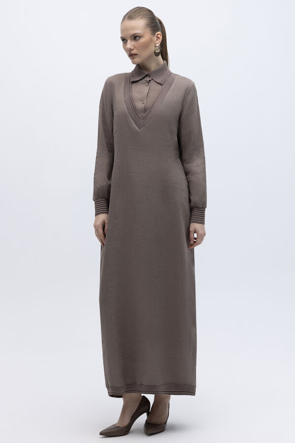 Triko Detaylı V Yaka Keten Elbise Mink - 6
