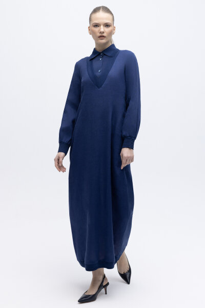 Triko Detaylı V Yaka Keten Elbise Navy 