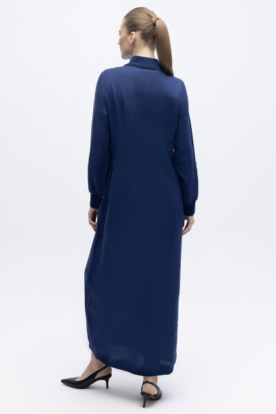 Triko Detaylı V Yaka Keten Elbise Navy - 3