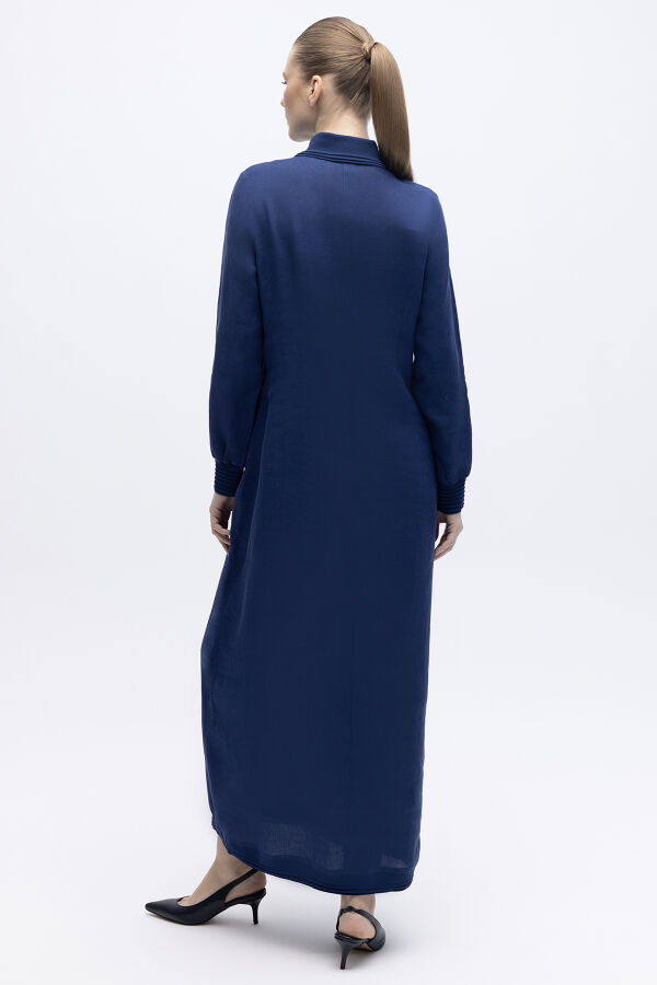 Triko Detaylı V Yaka Keten Elbise Navy - 3