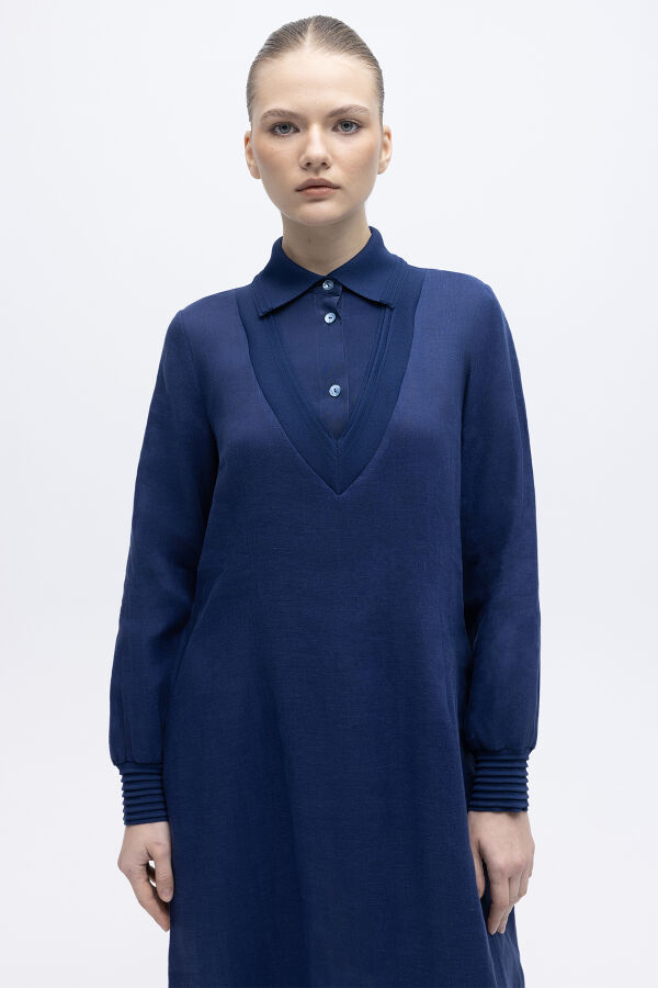 Triko Detaylı V Yaka Keten Elbise Navy - 4